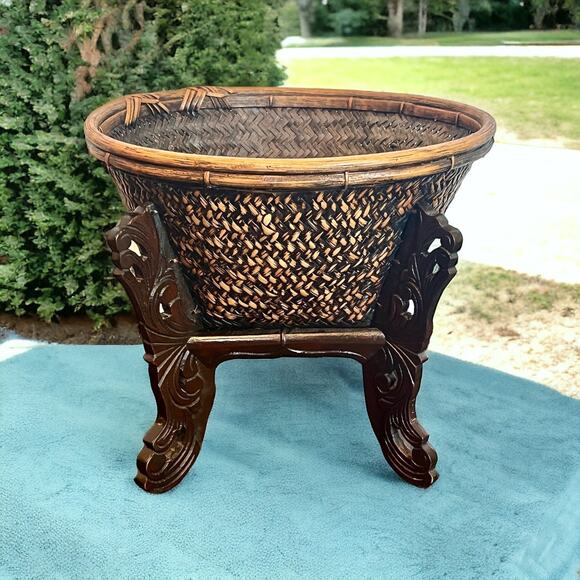 Rattan & Bamboo Basket Planter-Vintage Asian Hand-Woven-Wood Stand-Boho-Storage - Picture 3 of 7